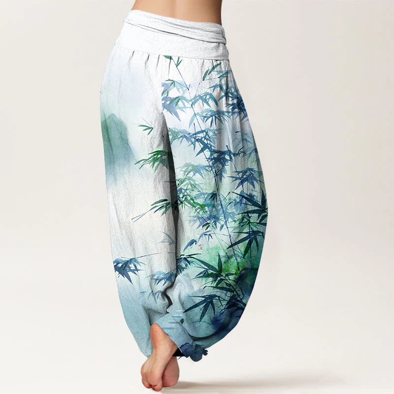 Pantaloni harem da donna con elastico in vita, in puro cotone, con motivo a montagne e foglie di bambù, motivo Buddha Stones - Image 10