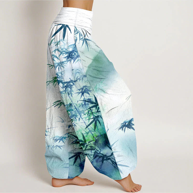 Pantaloni harem da donna con elastico in vita, in puro cotone, con motivo a montagne e foglie di bambù, motivo Buddha Stones - Image 11