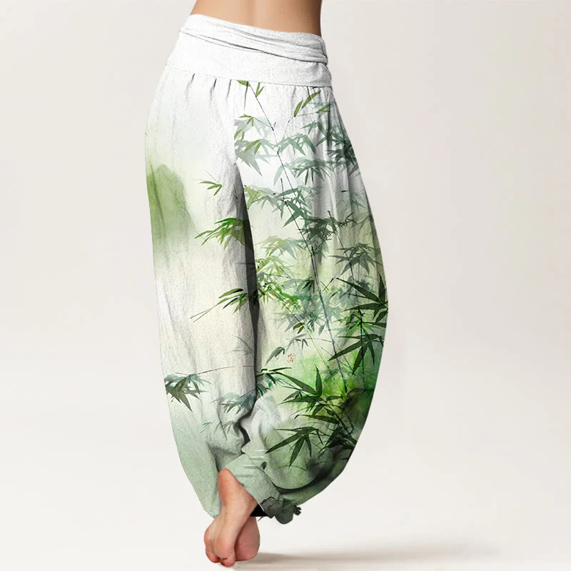Pantaloni harem da donna con elastico in vita, in puro cotone, con motivo a montagne e foglie di bambù, motivo Buddha Stones - Image 2