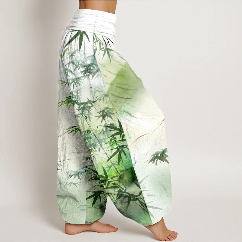 Pantaloni harem da donna con elastico in vita, in puro cotone, con motivo a montagne e foglie di bambù, motivo Buddha Stones - Image 3