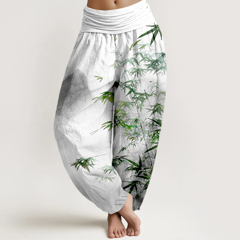 Pantaloni harem da donna con elastico in vita, in puro cotone, con motivo a montagne e foglie di bambù, motivo Buddha Stones - Image 6