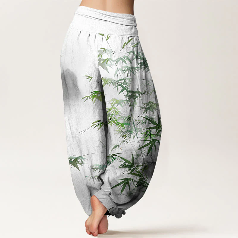 Pantaloni harem da donna con elastico in vita, in puro cotone, con motivo a montagne e foglie di bambù, motivo Buddha Stones - Image 7