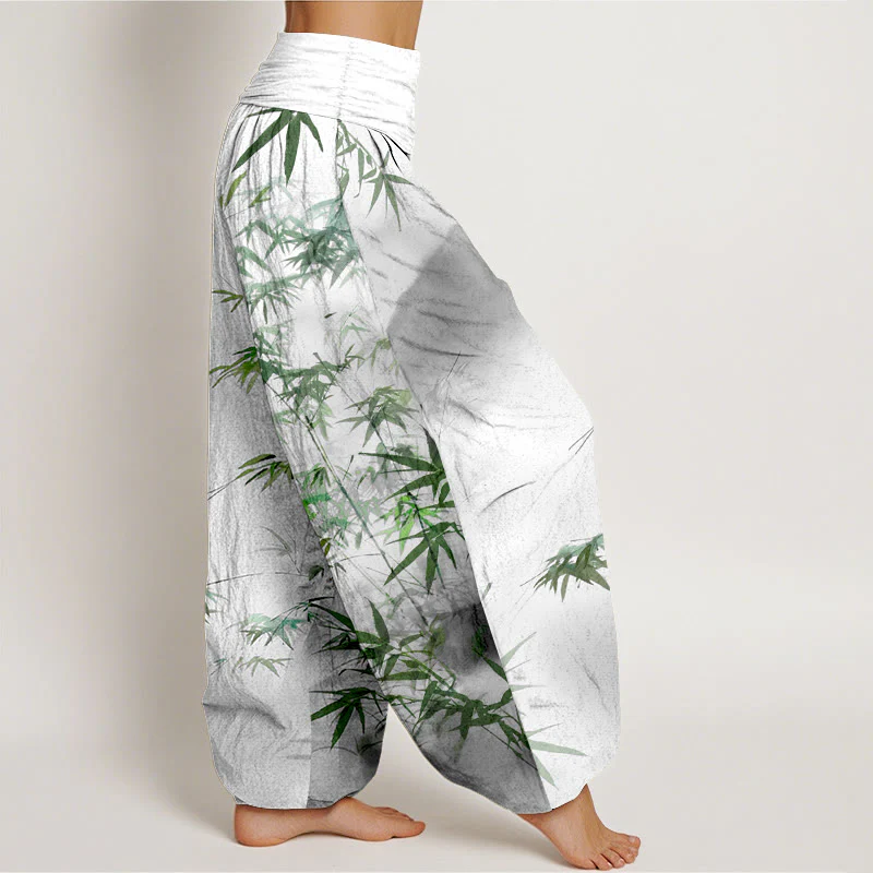 Pantaloni harem da donna con elastico in vita, in puro cotone, con motivo a montagne e foglie di bambù, motivo Buddha Stones - Image 8