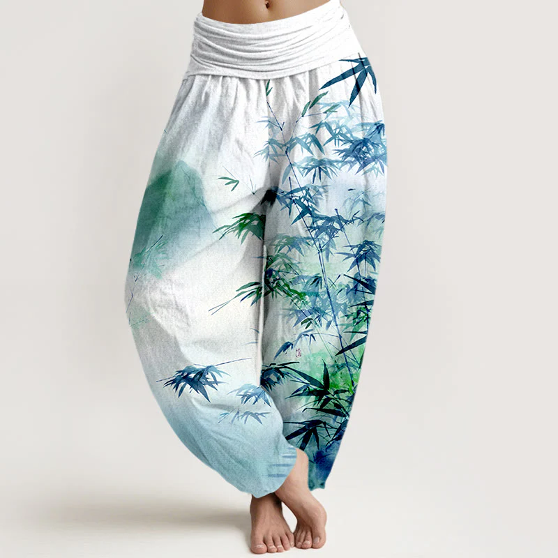 Pantaloni harem da donna con elastico in vita, in puro cotone, con motivo a montagne e foglie di bambù, motivo Buddha Stones - Image 9