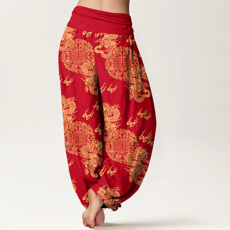 Pantaloni harem da donna con elastico in vita, in puro cotone, con motivo a nuvola e doppio drago , Buddha Stones - Image 10
