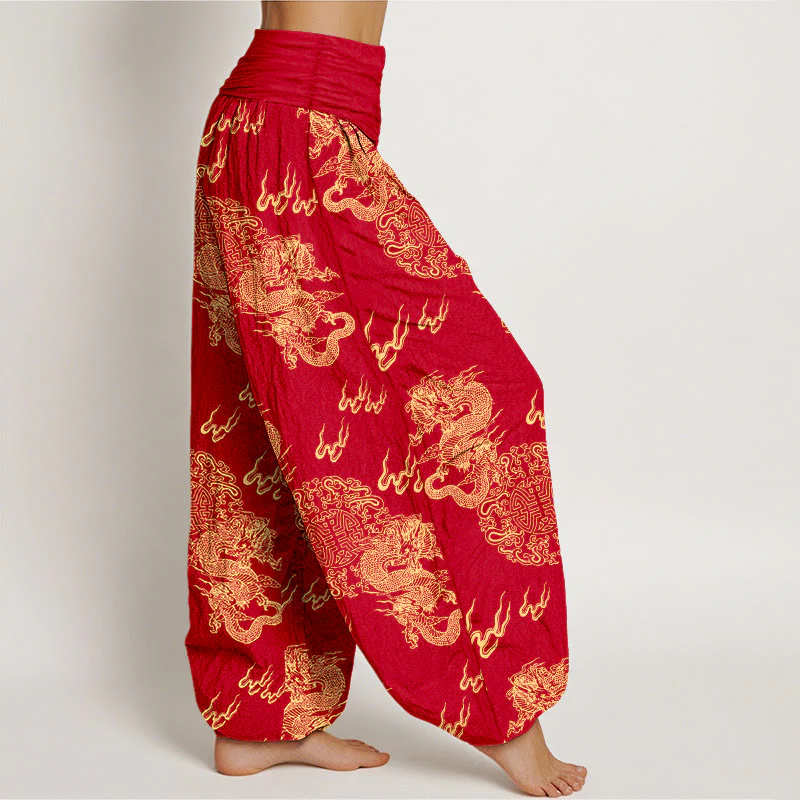 Pantaloni harem da donna con elastico in vita, in puro cotone, con motivo a nuvola e doppio drago , Buddha Stones - Image 11