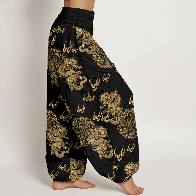 Pantaloni harem da donna con elastico in vita, in puro cotone, con motivo a nuvola e doppio drago , Buddha Stones - Image 3