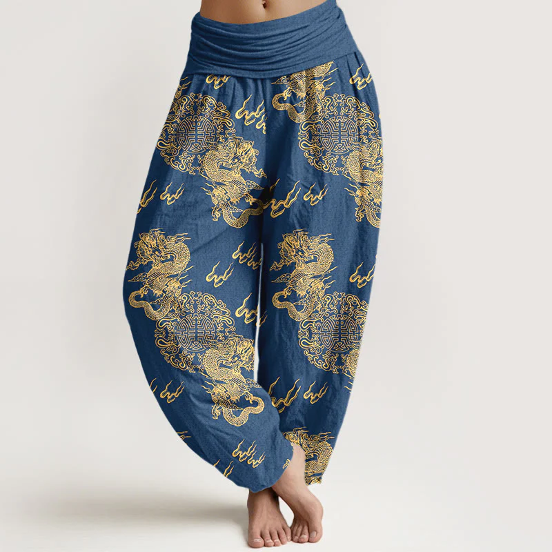 Pantaloni harem da donna con elastico in vita, in puro cotone, con motivo a nuvola e doppio drago , Buddha Stones - Image 6