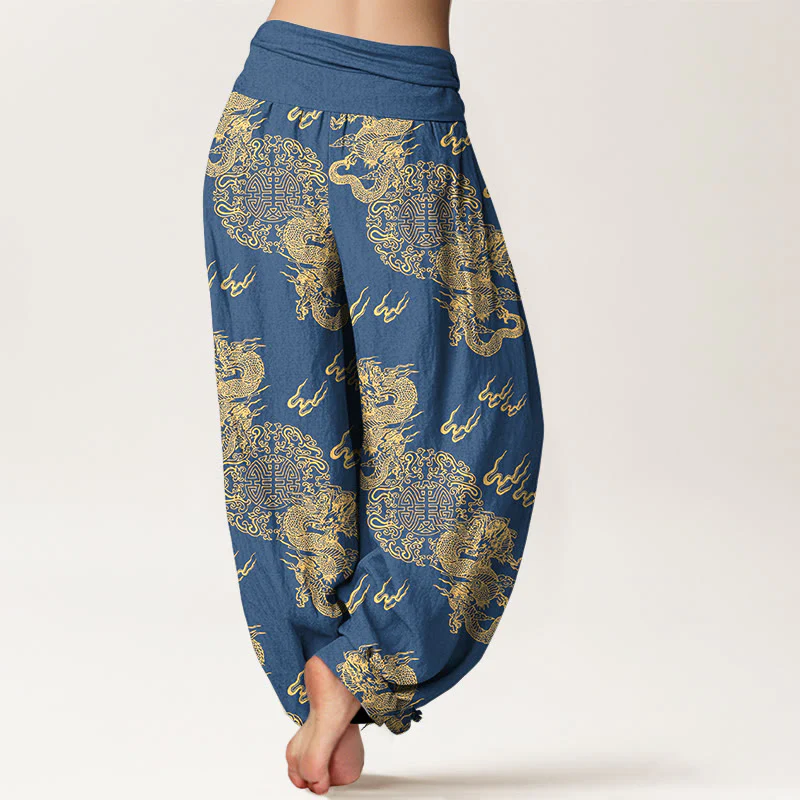 Pantaloni harem da donna con elastico in vita, in puro cotone, con motivo a nuvola e doppio drago , Buddha Stones - Image 7
