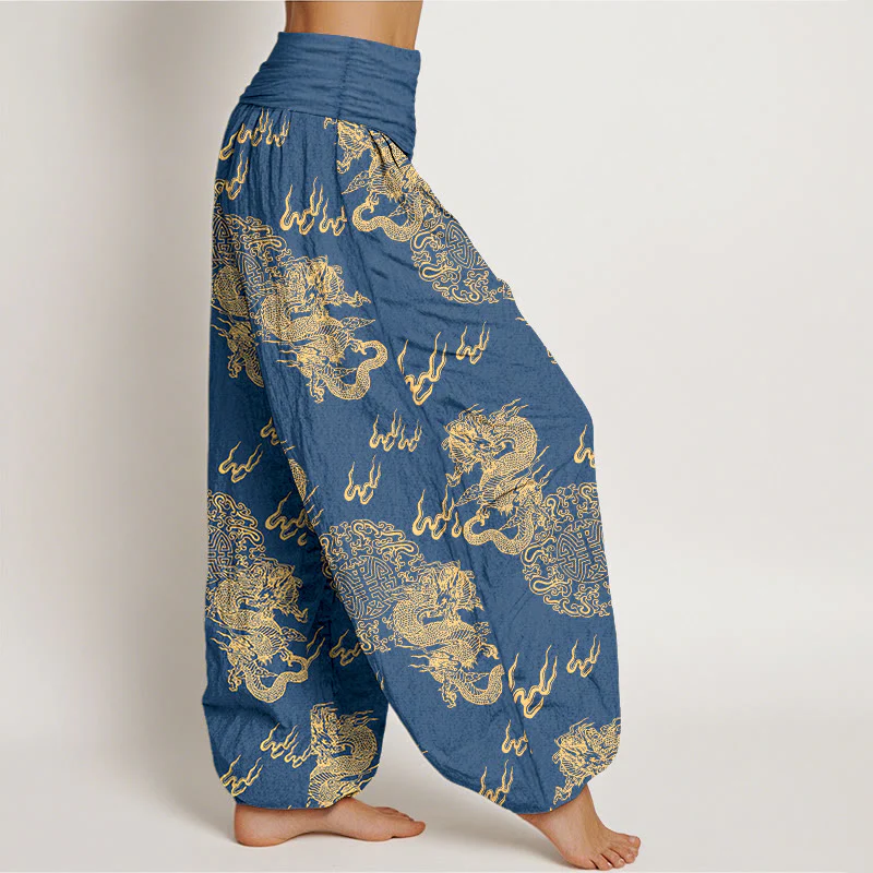 Pantaloni harem da donna con elastico in vita, in puro cotone, con motivo a nuvola e doppio drago , Buddha Stones - Image 8
