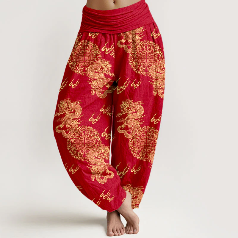 Pantaloni harem da donna con elastico in vita, in puro cotone, con motivo a nuvola e doppio drago , Buddha Stones - Image 9