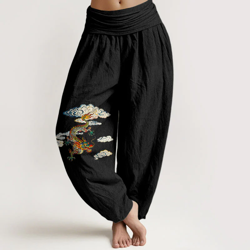 Pantaloni harem da donna con elastico in vita, in puro cotone, con motivo a nuvole e drago colorato, motivo Buddha Stones