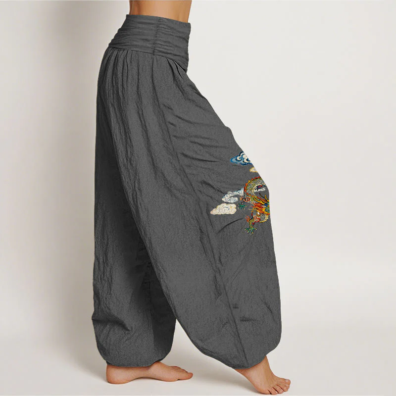 Pantaloni harem da donna con elastico in vita, in puro cotone, con motivo a nuvole e drago colorato, motivo Buddha Stones - Image 11