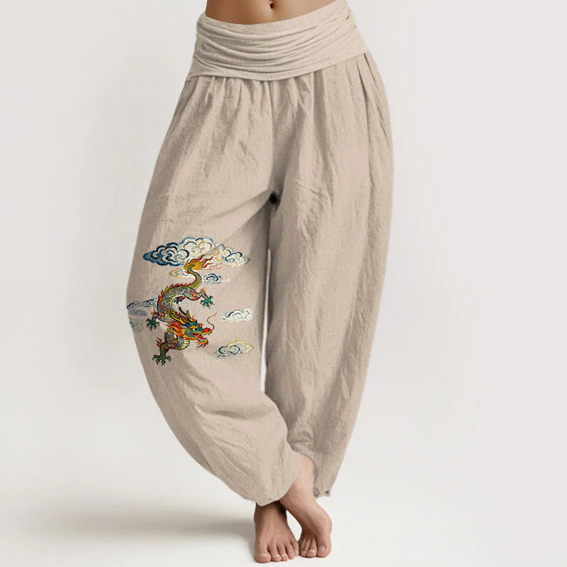 Pantaloni harem da donna con elastico in vita, in puro cotone, con motivo a nuvole e drago colorato, motivo Buddha Stones - Image 12