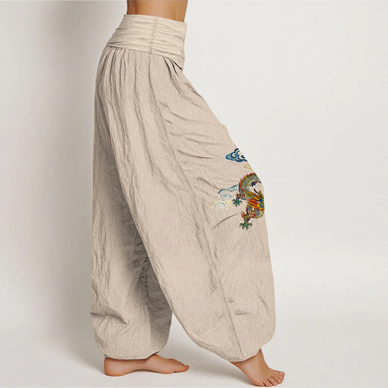 Pantaloni harem da donna con elastico in vita, in puro cotone, con motivo a nuvole e drago colorato, motivo Buddha Stones - Image 14