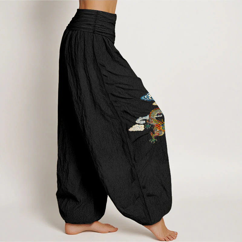 Pantaloni harem da donna con elastico in vita, in puro cotone, con motivo a nuvole e drago colorato, motivo Buddha Stones - Image 3