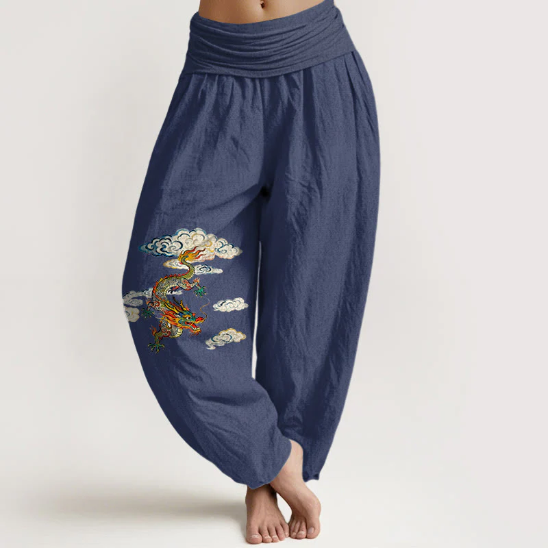 Pantaloni harem da donna con elastico in vita, in puro cotone, con motivo a nuvole e drago colorato, motivo Buddha Stones - Image 6