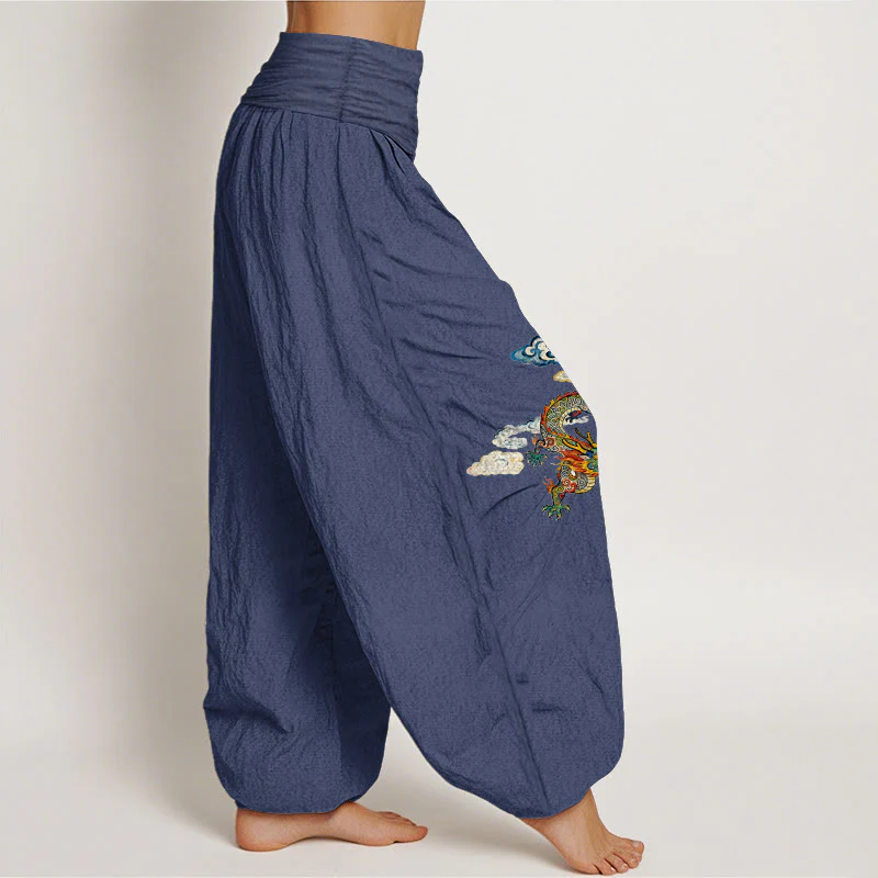 Pantaloni harem da donna con elastico in vita, in puro cotone, con motivo a nuvole e drago colorato, motivo Buddha Stones - Image 8