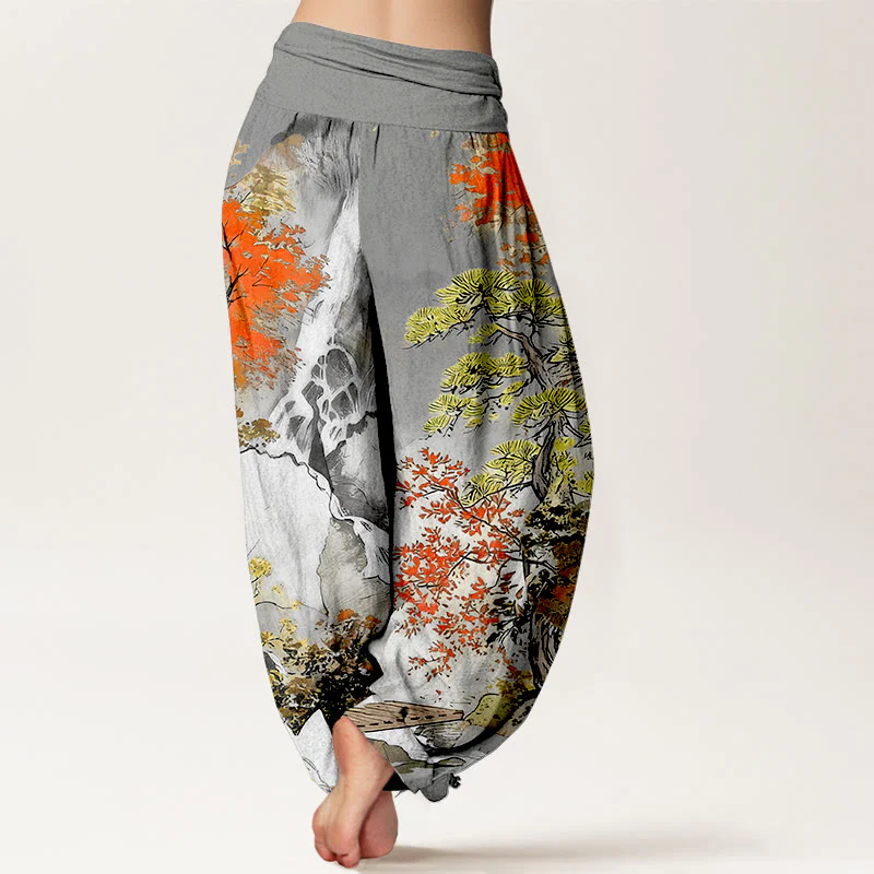 Pantaloni harem da donna con elastico in vita, in puro cotone, con motivo a paesaggio e alberi coordinati , Buddha Stones - Image 7