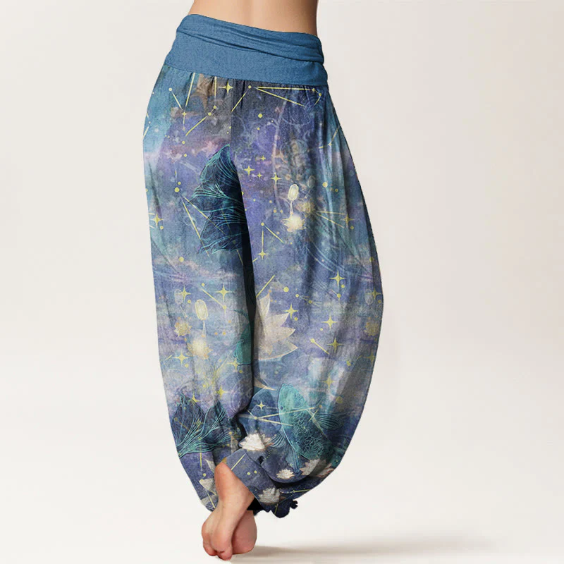 Pantaloni harem da donna con elastico in vita, in puro cotone, con motivo a pesce koi, loto, luna e stelle, Buddha Stones - Image 2