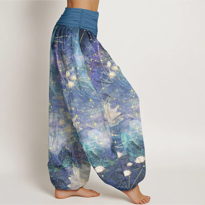 Pantaloni harem da donna con elastico in vita, in puro cotone, con motivo a pesce koi, loto, luna e stelle, Buddha Stones - Image 3