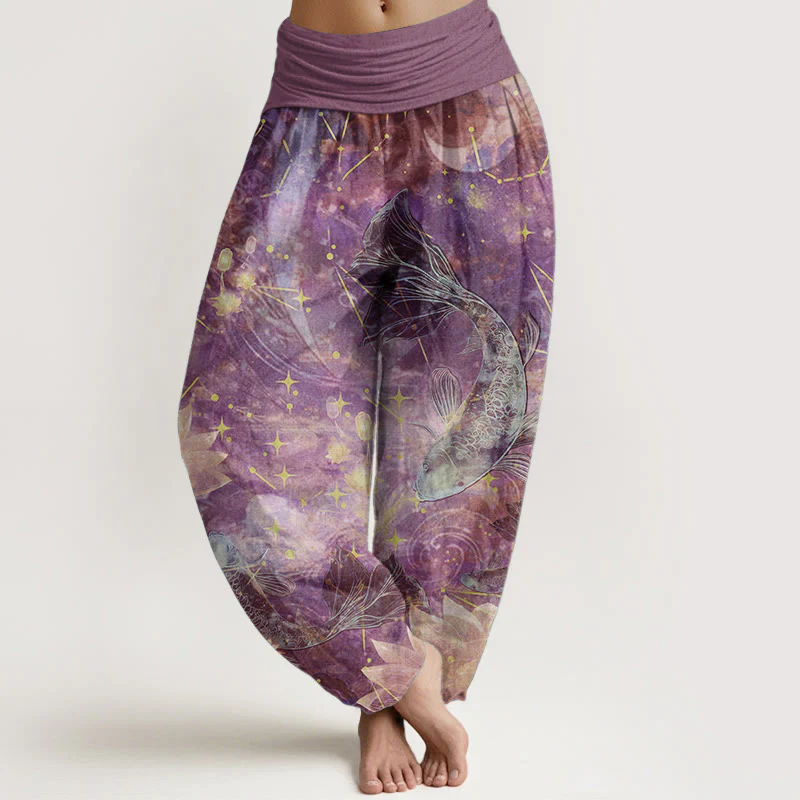 Pantaloni harem da donna con elastico in vita, in puro cotone, con motivo a pesce koi, loto, luna e stelle, Buddha Stones - Image 6