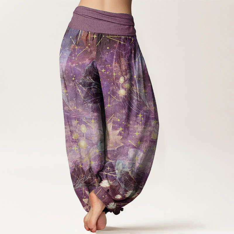 Pantaloni harem da donna con elastico in vita, in puro cotone, con motivo a pesce koi, loto, luna e stelle, Buddha Stones - Image 7