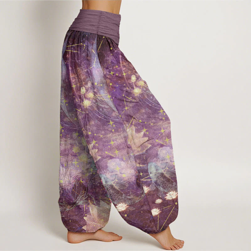 Pantaloni harem da donna con elastico in vita, in puro cotone, con motivo a pesce koi, loto, luna e stelle, Buddha Stones - Image 8