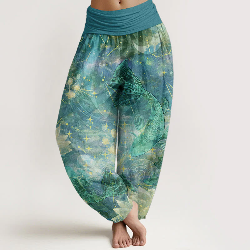 Pantaloni harem da donna con elastico in vita, in puro cotone, con motivo a pesce koi, loto, luna e stelle, Buddha Stones - Image 9