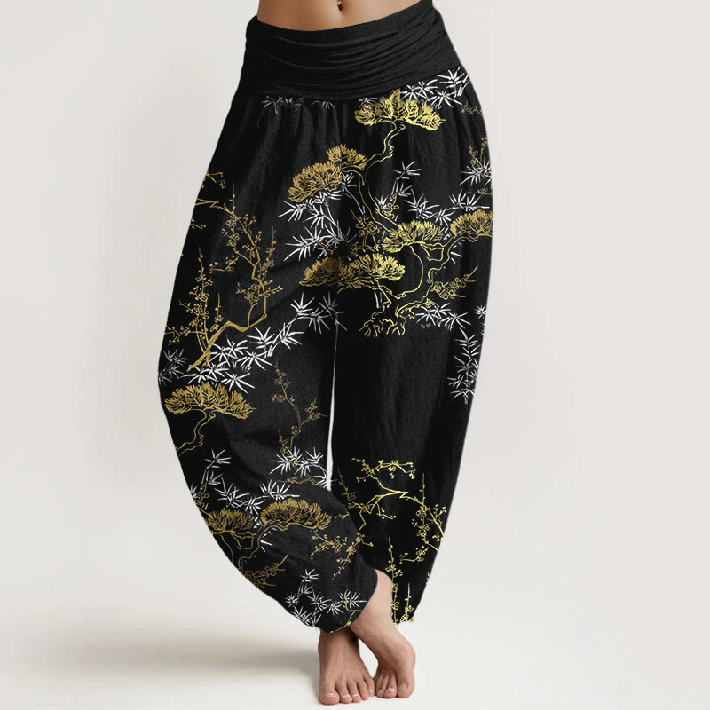 Pantaloni harem da donna con elastico in vita, in puro cotone, con motivo a prugna e bambù, motivo Buddha Stones