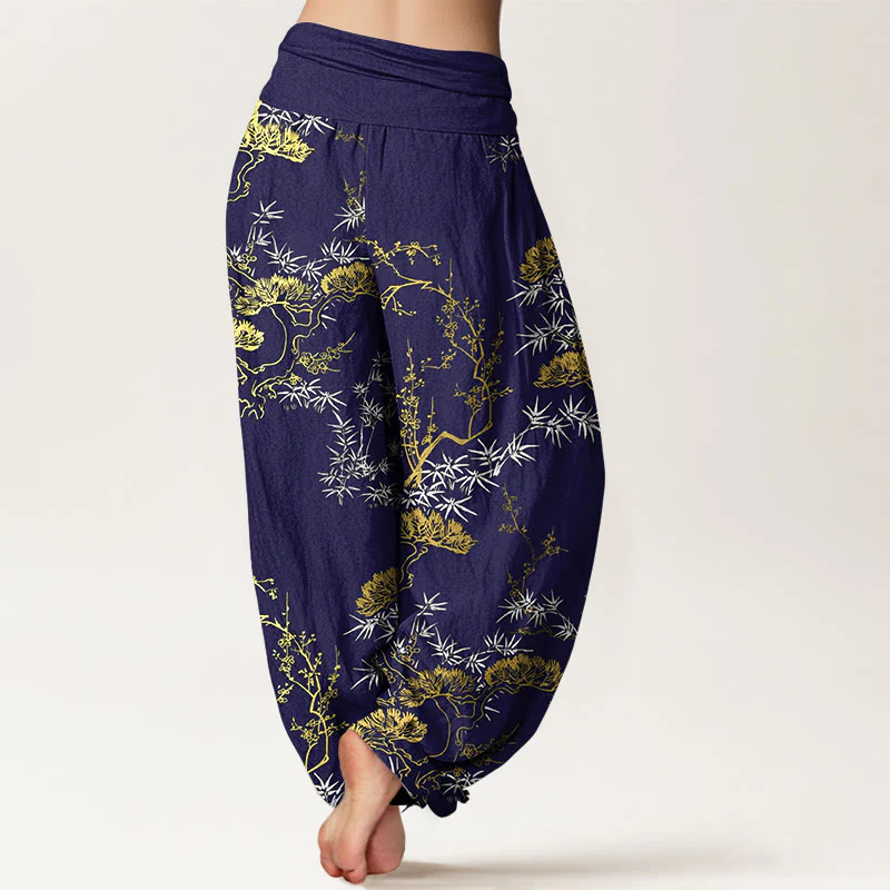 Pantaloni harem da donna con elastico in vita, in puro cotone, con motivo a prugna e bambù, motivo Buddha Stones - Image 10