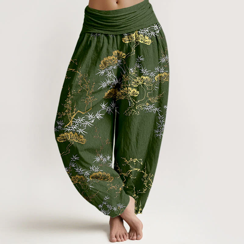 Pantaloni harem da donna con elastico in vita, in puro cotone, con motivo a prugna e bambù, motivo Buddha Stones - Image 6