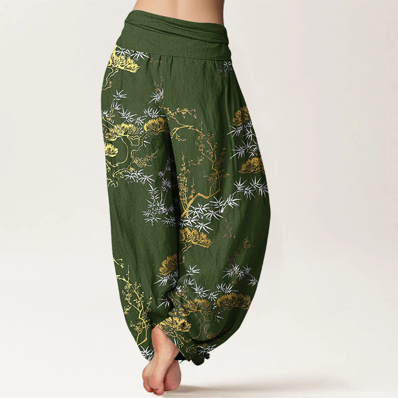 Pantaloni harem da donna con elastico in vita, in puro cotone, con motivo a prugna e bambù, motivo Buddha Stones - Image 7