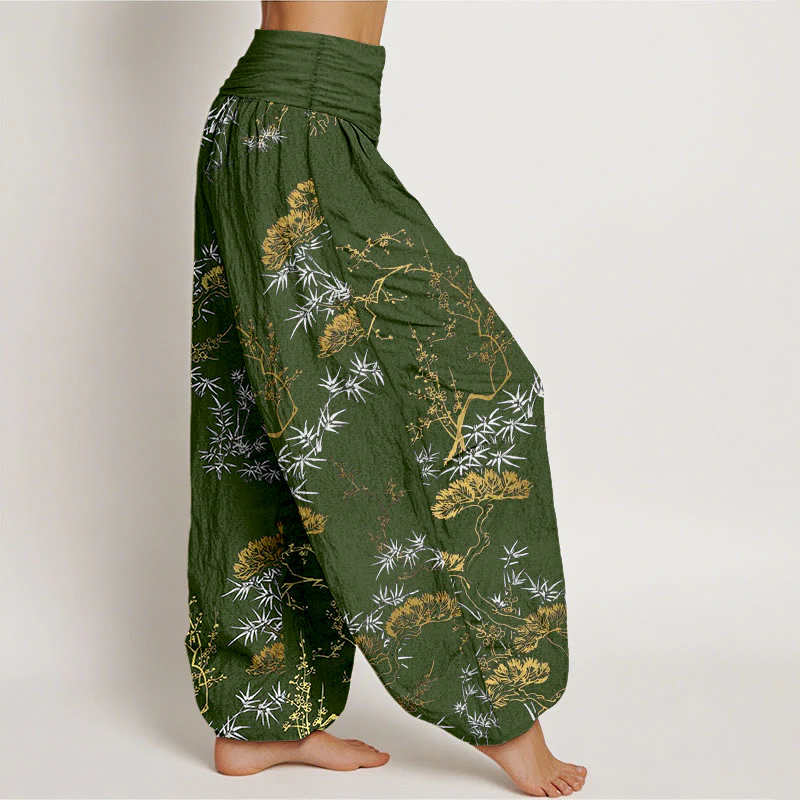 Pantaloni harem da donna con elastico in vita, in puro cotone, con motivo a prugna e bambù, motivo Buddha Stones - Image 8