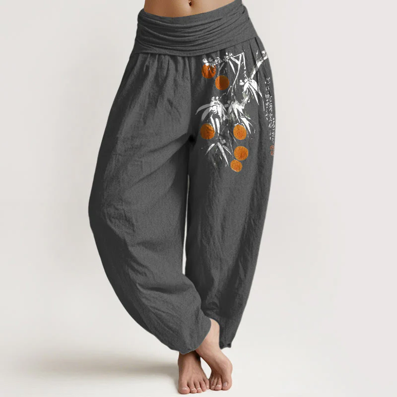 Pantaloni harem da donna con elastico in vita, in puro cotone, con motivo a rami di frutta dai colori vivaci, motivo Buddha Stones - Image 12