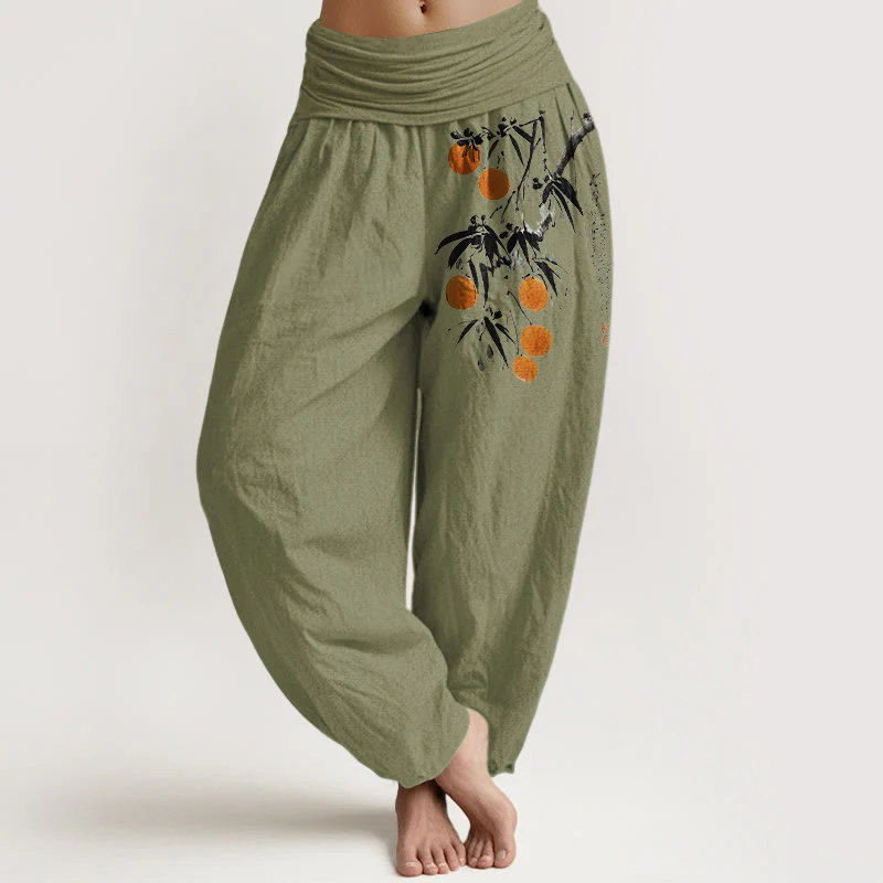 Pantaloni harem da donna con elastico in vita, in puro cotone, con motivo a rami di frutta dai colori vivaci, motivo Buddha Stones - Image 15