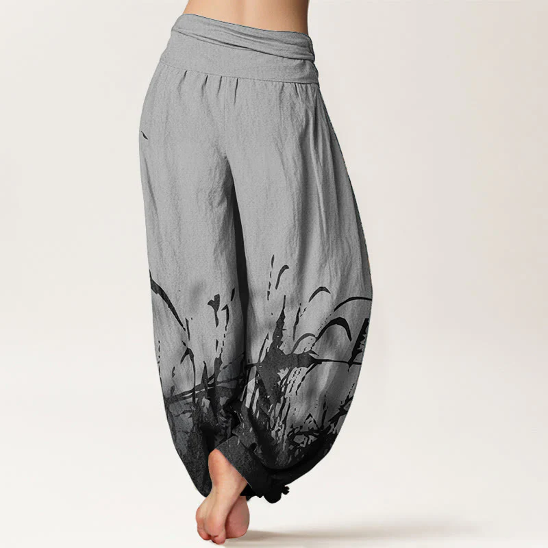 Pantaloni harem da donna con elastico in vita, in puro cotone con motivo erba selvatica, motivo Buddha Stones - Image 2