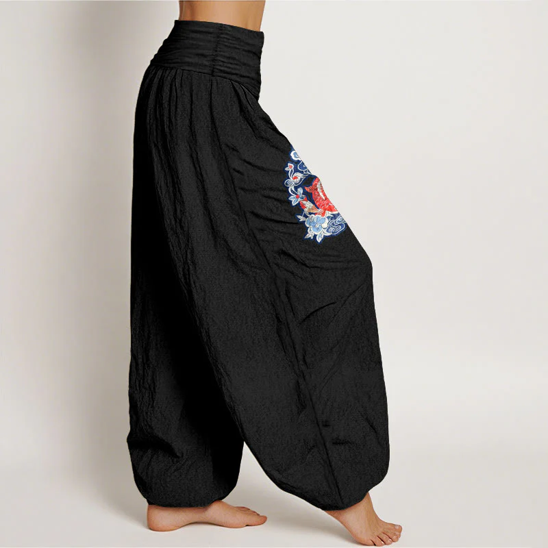 Pantaloni harem da donna con elastico in vita, in puro cotone, con motivo floreale a pesci koi, motivo Buddha Stones - Image 8