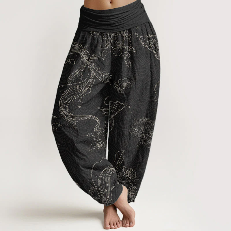 Pantaloni harem da donna con elastico in vita, in puro cotone, con motivo floreale a pesci koi, motivo Buddha Stones