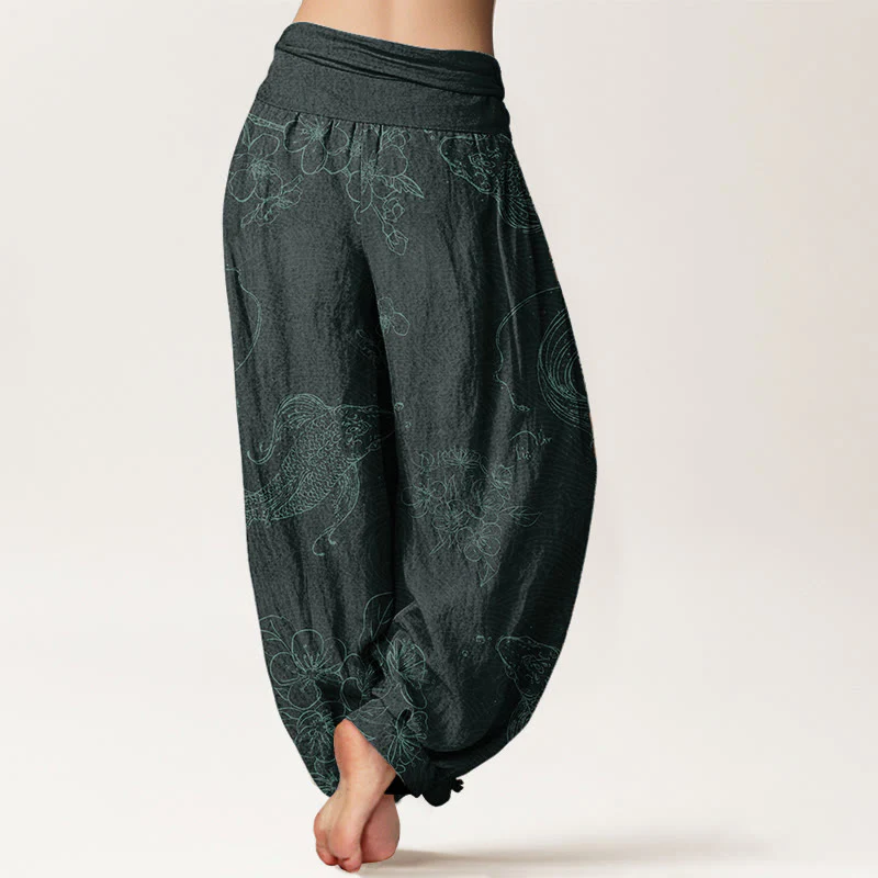 Pantaloni harem da donna con elastico in vita, in puro cotone, con motivo floreale a pesci koi, motivo Buddha Stones - Image 10
