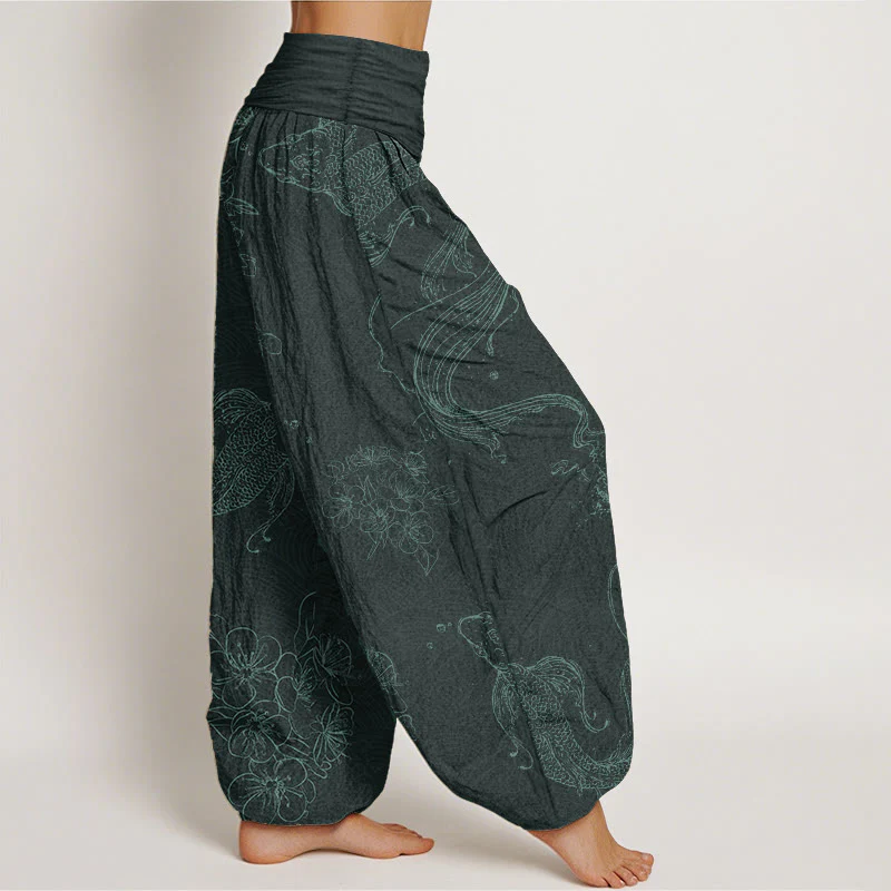 Pantaloni harem da donna con elastico in vita, in puro cotone, con motivo floreale a pesci koi, motivo Buddha Stones - Image 11