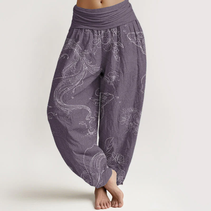 Pantaloni harem da donna con elastico in vita, in puro cotone, con motivo floreale a pesci koi, motivo Buddha Stones - Image 6