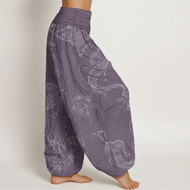 Pantaloni harem da donna con elastico in vita, in puro cotone, con motivo floreale a pesci koi, motivo Buddha Stones - Image 8