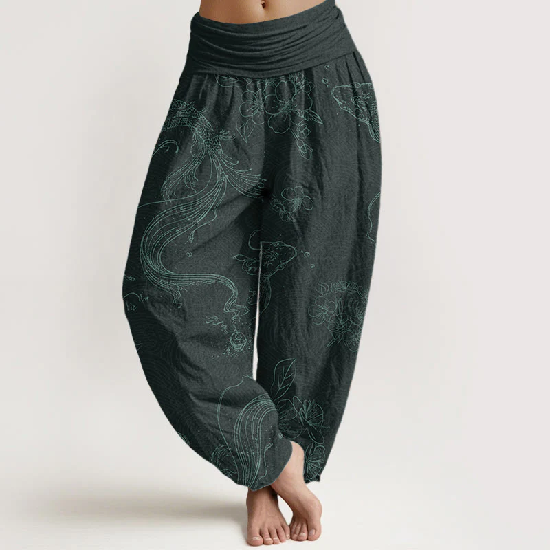 Pantaloni harem da donna con elastico in vita, in puro cotone, con motivo floreale a pesci koi, motivo Buddha Stones - Image 9
