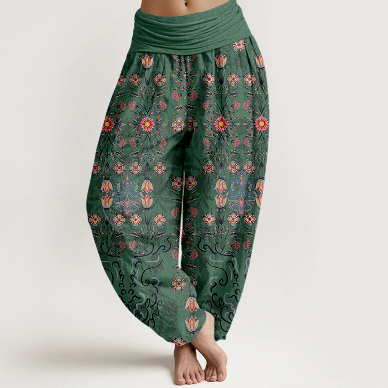 Pantaloni harem da donna con elastico in vita, in puro cotone, con motivo floreale multicolore Buddha Stones