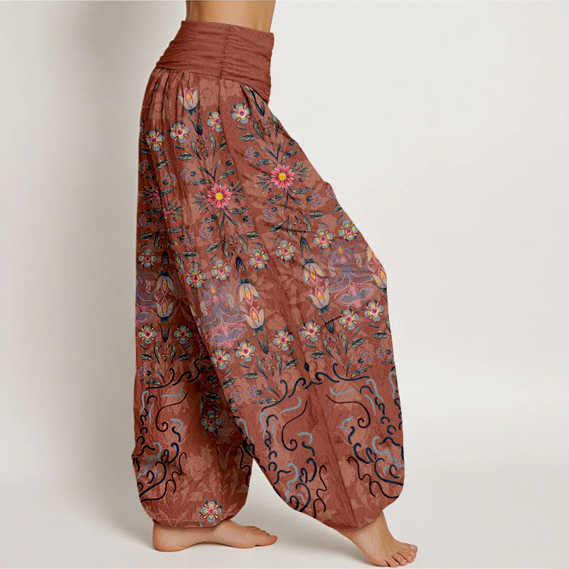 Pantaloni harem da donna con elastico in vita, in puro cotone, con motivo floreale multicolore Buddha Stones - Image 11