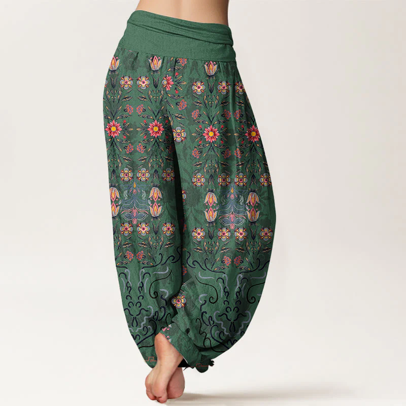 Pantaloni harem da donna con elastico in vita, in puro cotone, con motivo floreale multicolore Buddha Stones - Image 2