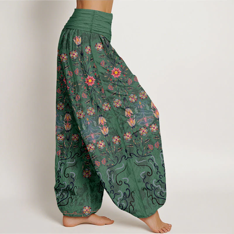 Pantaloni harem da donna con elastico in vita, in puro cotone, con motivo floreale multicolore Buddha Stones - Image 3