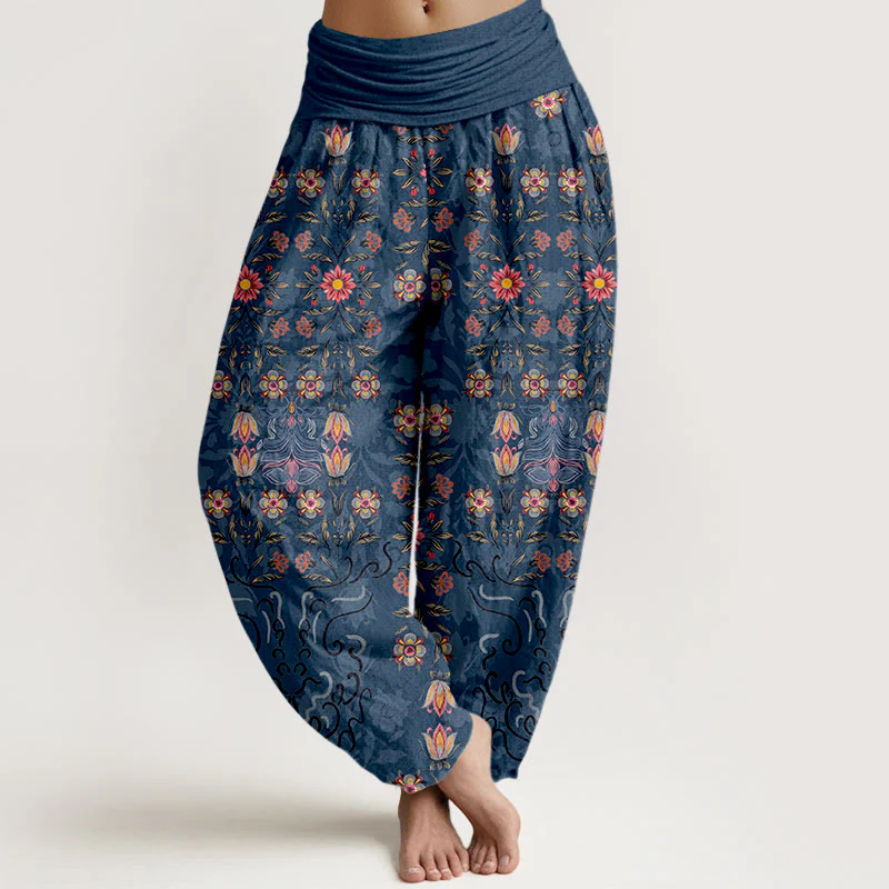 Pantaloni harem da donna con elastico in vita, in puro cotone, con motivo floreale multicolore Buddha Stones - Image 6