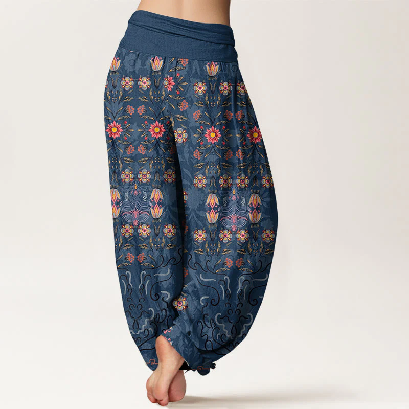 Pantaloni harem da donna con elastico in vita, in puro cotone, con motivo floreale multicolore Buddha Stones - Image 7